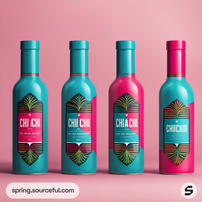 Four colorful sauce bottles in teal and pink hues.