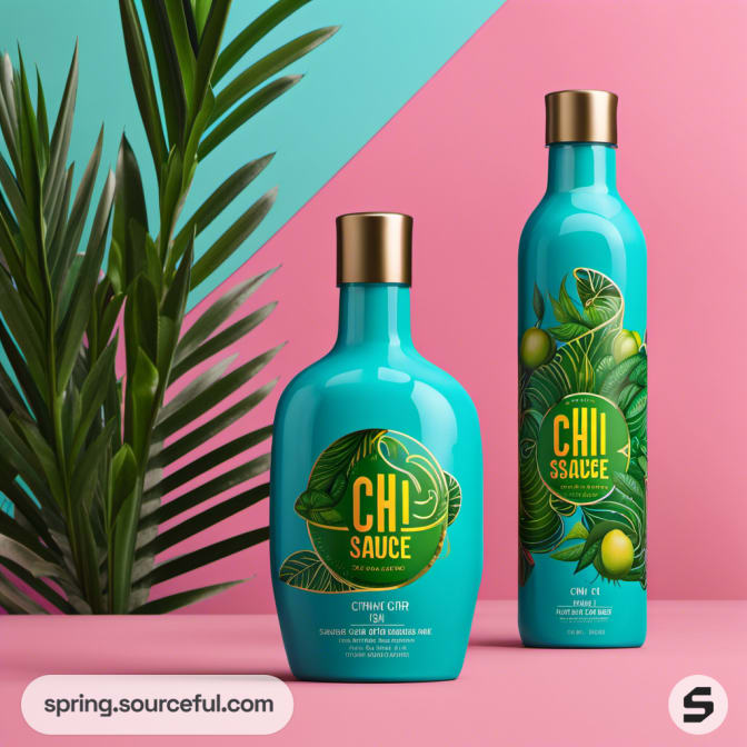 Teal bottles with tropical leaf design and gold caps.