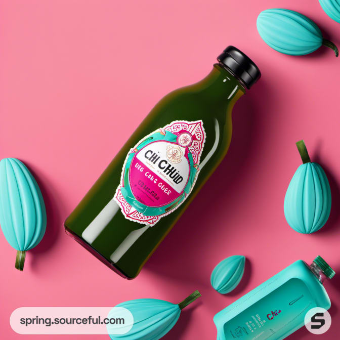 Green glass bottle with pink label on pink background.