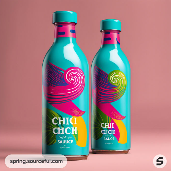 Teal and pink bottles with artistic swirl designs.