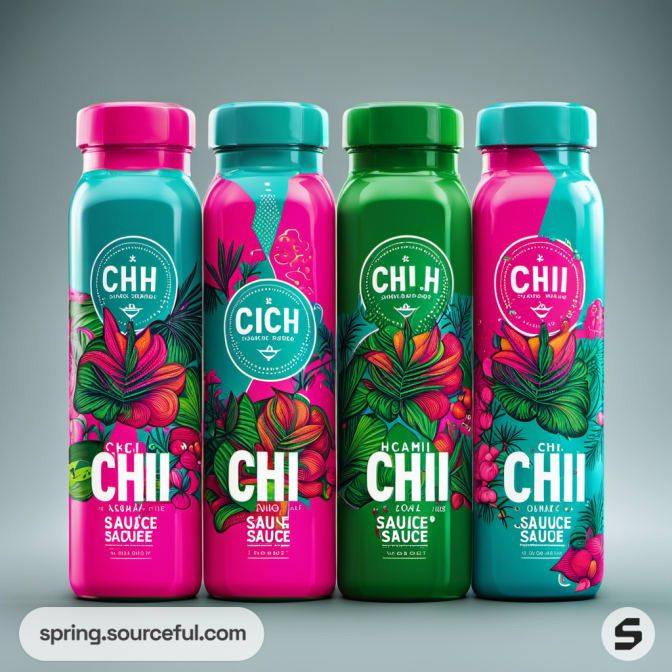 Four vibrant sauce bottles with floral patterns.