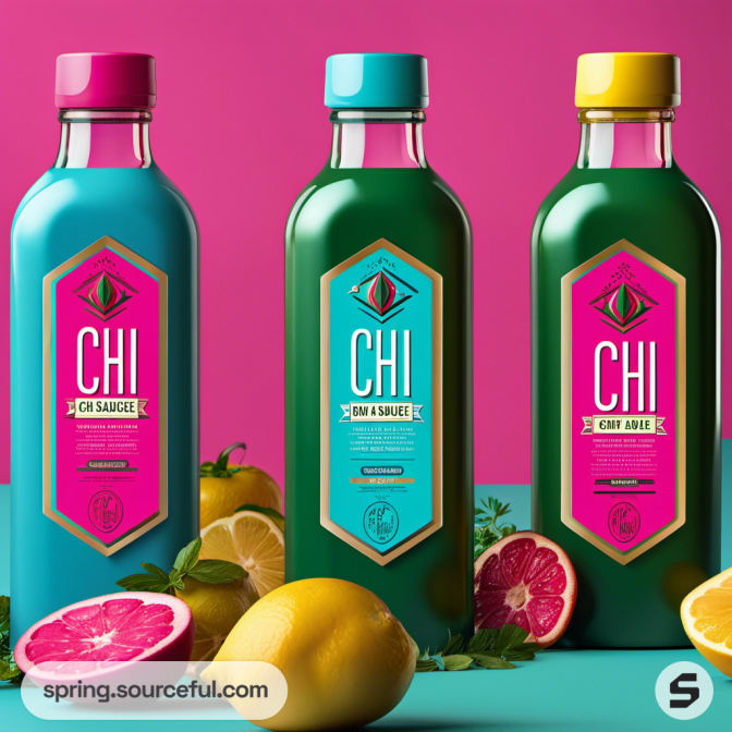 Colorful sauce bottles with citrus fruits around.