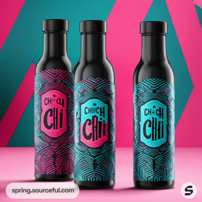 Black bottles with geometric designs on colorful background.