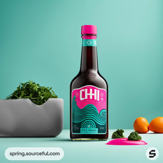 Single sauce bottle with pink accents and veggies.