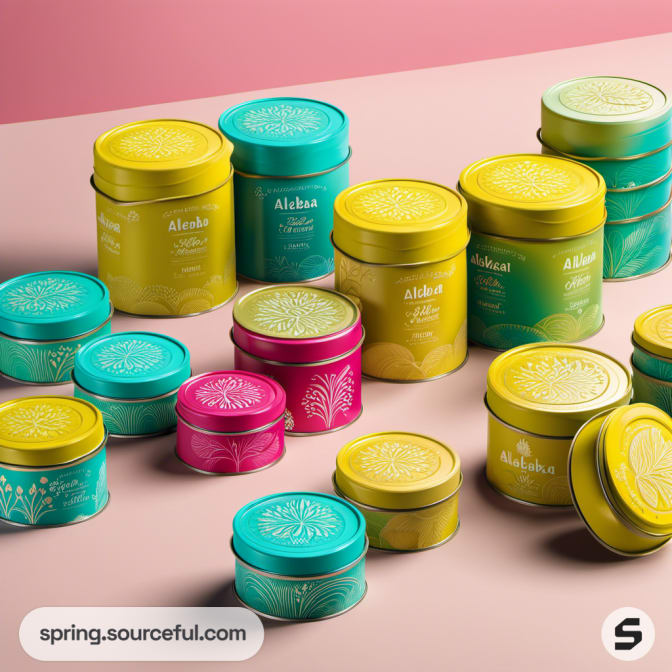 Colorful metal tins with floral patterns on a pink background.