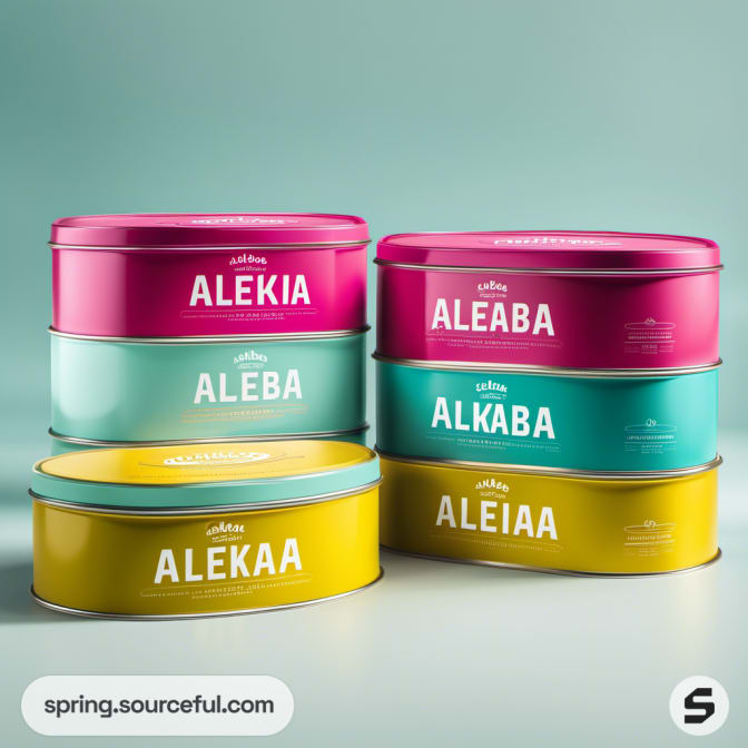 Oval tins in vibrant pink, teal, and yellow on a pastel background.