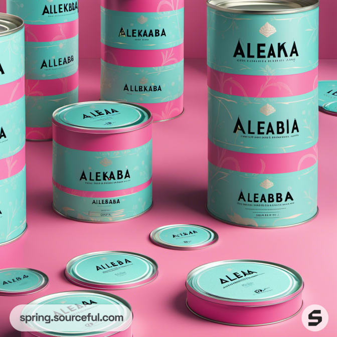 Tall pink and teal cylindrical tins with intricate designs.