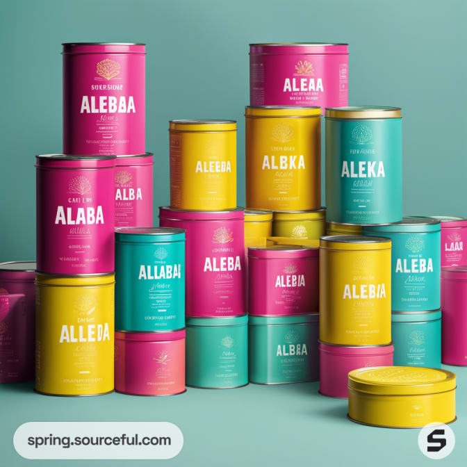 Stacked vibrant tins in pink, teal, and yellow shades.