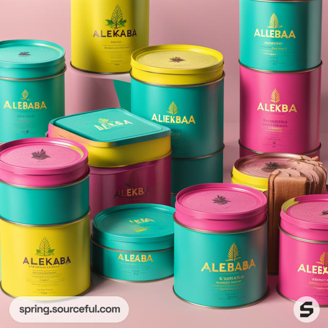 Metallic tins in pink and yellow with tropical leaf designs.