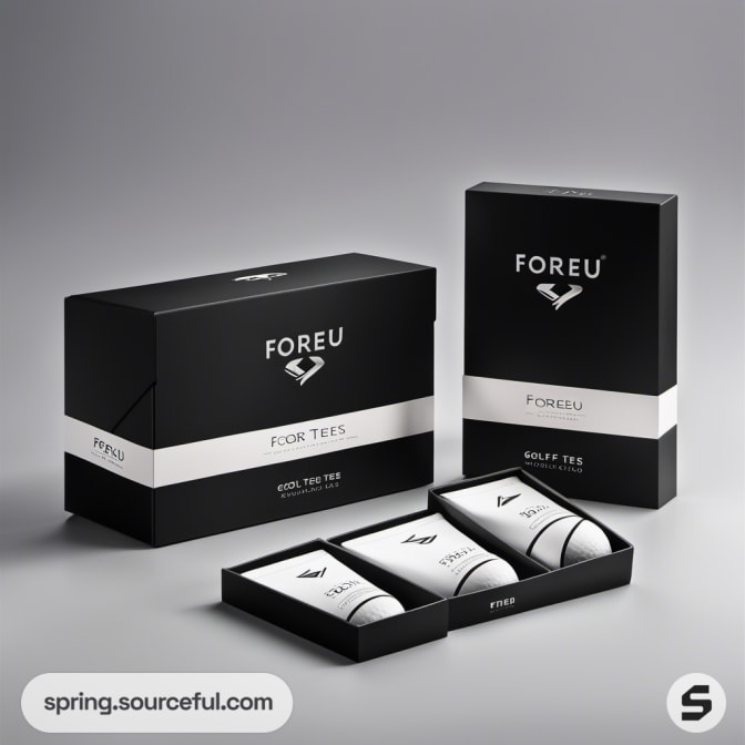 Black and white golf tee packaging with sliding tray.