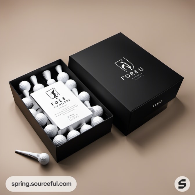 Black box with golf balls and tees, open lid.