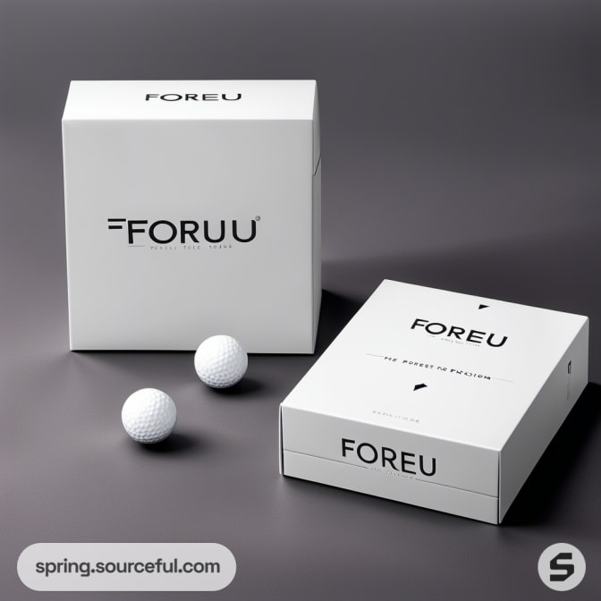 White minimalist box with golf balls on gray background.