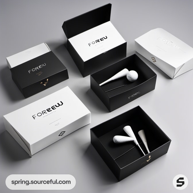 Black and white boxes with golf tees and balls inside.