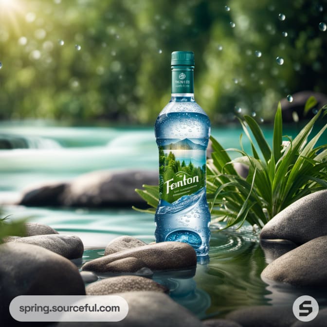 Blue water bottle on rocks by a river, green cap