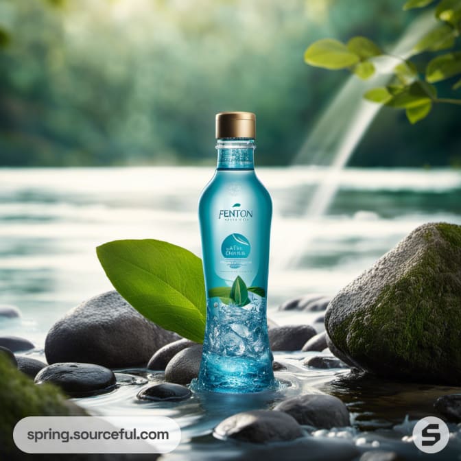 Blue water bottle with gold cap, leaves and river