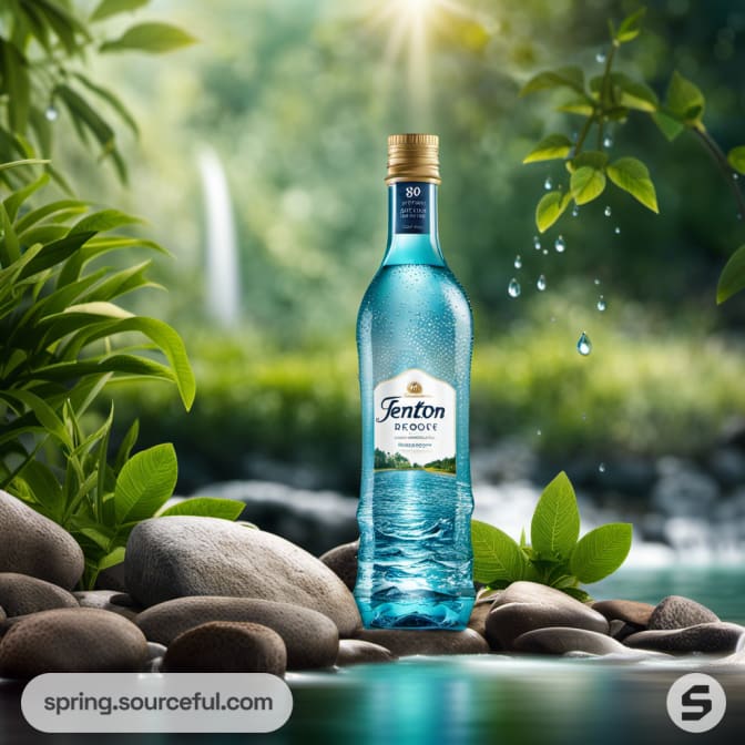 Tall blue bottle with brown cap, nature backdrop