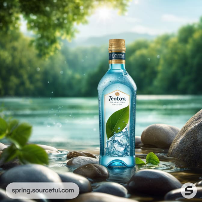 Blue bottle with gold cap near river, green leaves