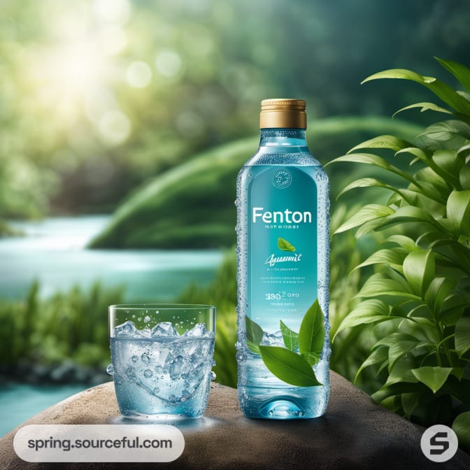 Clear bottle with glass on rock, lush greenery