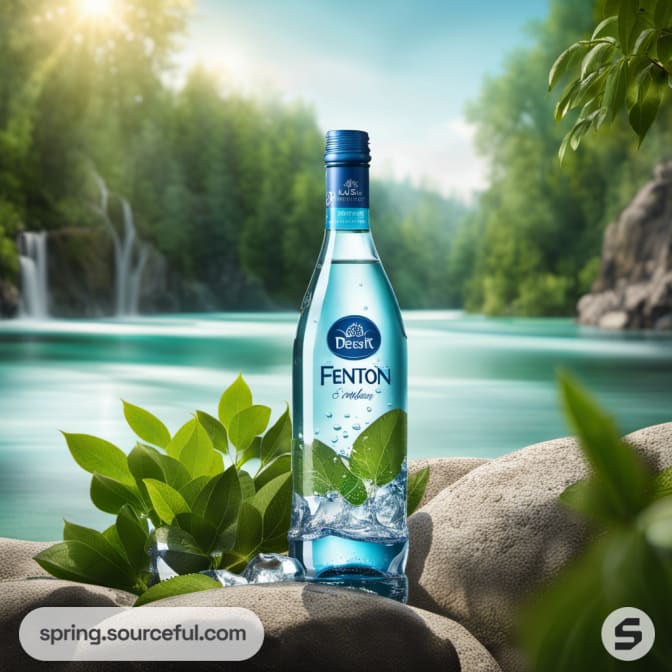 Tall blue bottle by a river, lush green leaves