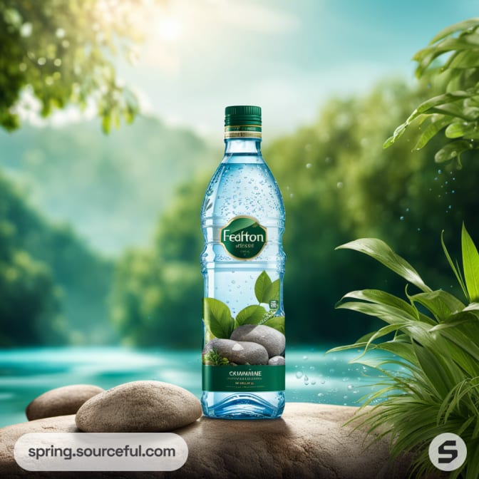 Blue bottle with leaves on rock, river backdrop