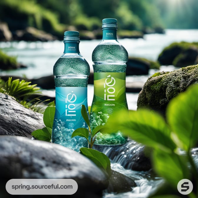 Two green-tinted bottles by a stream, lush foliage