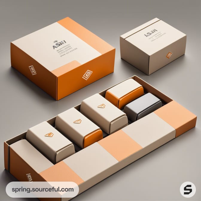 Orange and beige boxes with minimalist design, including larger and smaller rectangular shapes on a gray background.
