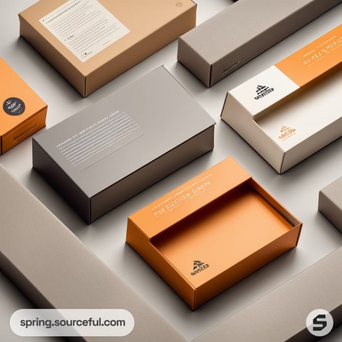 Arranged gift boxes in neutral tones with orange highlights, showcasing minimalist packaging design.