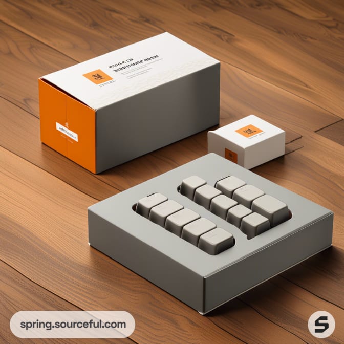 Sleek gray gift box with lid and matching small box on wooden floor.