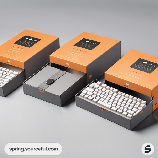 Three orange and gray drawer-style boxes showcasing a keyboard, smart watch, and keyboard inside.