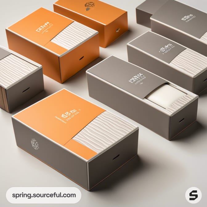 Elegant gray and orange rectangular boxes with vertical card slots, arranged stylishly, on a light surface.