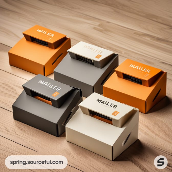 Stacked mailer boxes in orange, grey, and white arranged on a wooden surface.