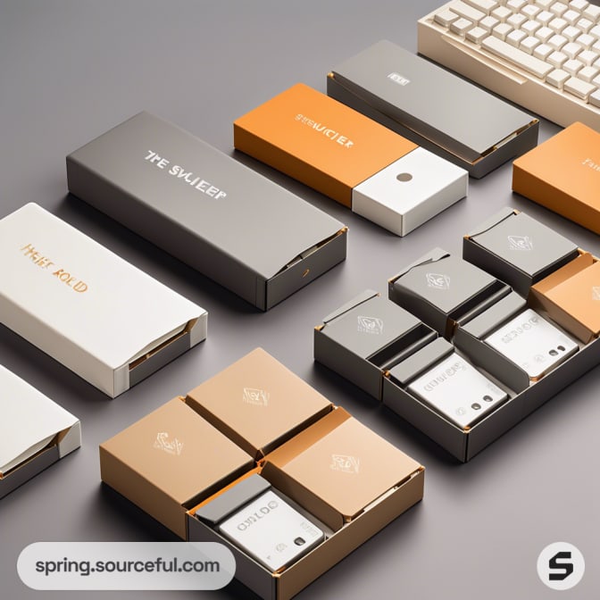 Assorted sleek mobile phone boxes in gray, white, and orange with minimalist design, placed on a table.