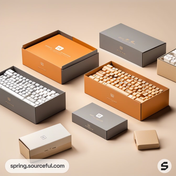 Colorful keyboards in open gray and orange boxes on beige background.