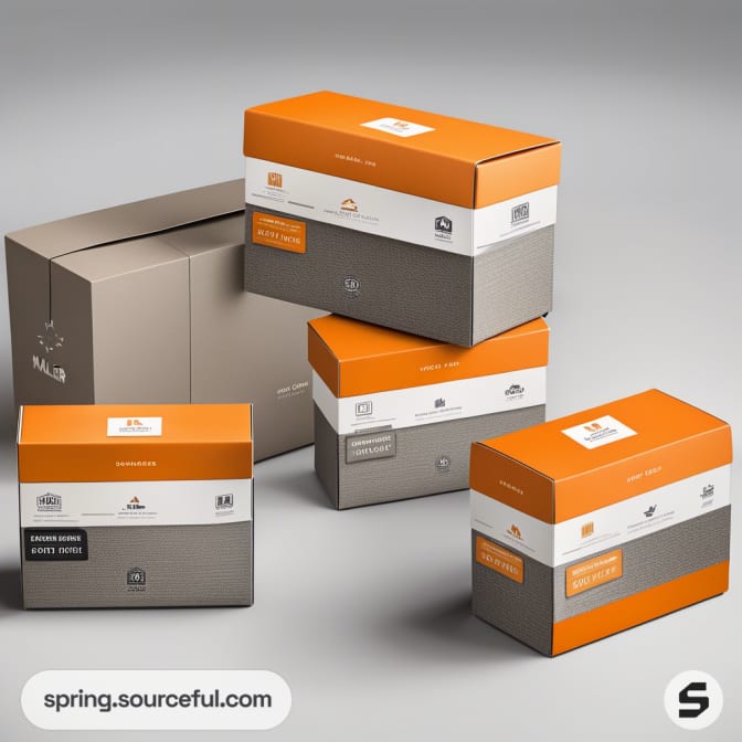 Several orange and brown cardboard boxes stacked, featuring recycling symbols and annotated sections.