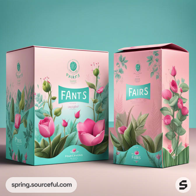 Pink and teal floral mailer boxes with floral designs.