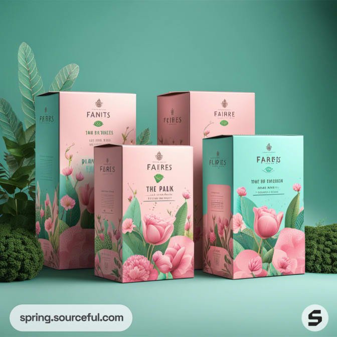 Set of pastel colored boxes with floral patterns.