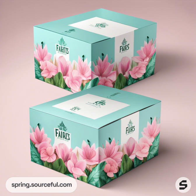 Two floral decorated boxes in pink and teal.