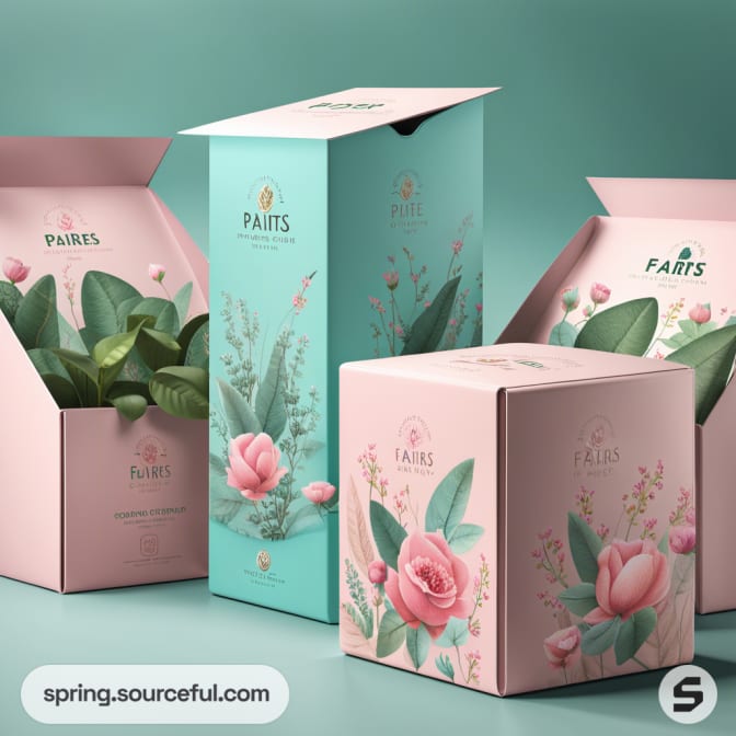 Various floral themed boxes in pink and teal hues.