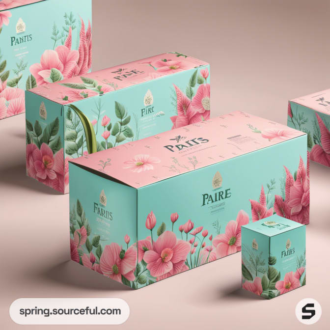 Collection of pink and teal floral themed boxes.