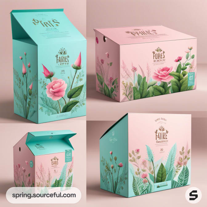 Four pink and teal mailer boxes with floral prints.