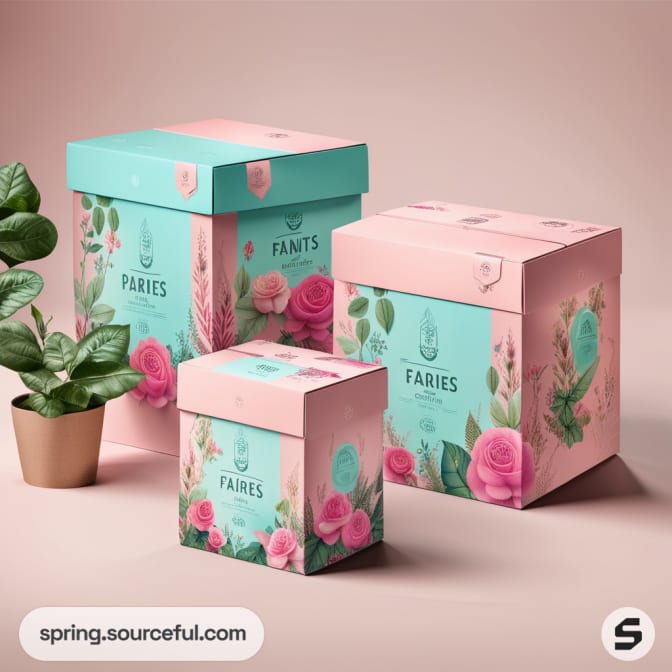 Three large pink and teal boxes with floral decoration.