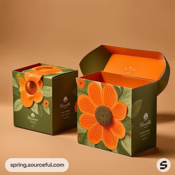 Green and orange gift boxes with large daisy flower illustrations.