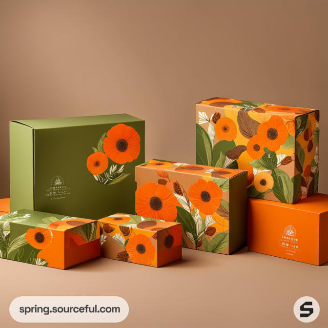 Green and orange packaging boxes featuring bright floral patterns.