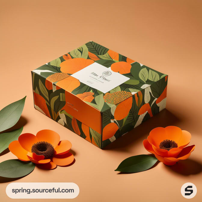 Box with vivid floral design and an orange flower decoration.