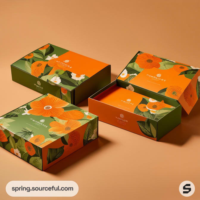 Four vibrant floral boxes in orange and green with botanical motifs.