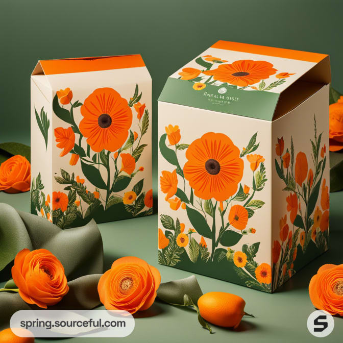 Two white and green boxes with bold orange floral illustrations.