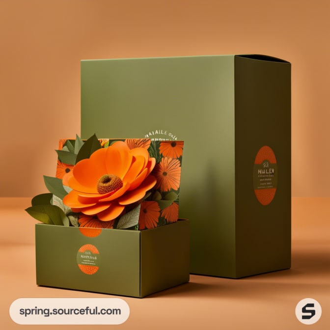 Green and orange gift boxes with large 3D floral decorations.