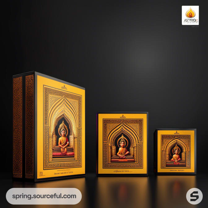 Buddha illustration box set with ornate arches on black and gold background.