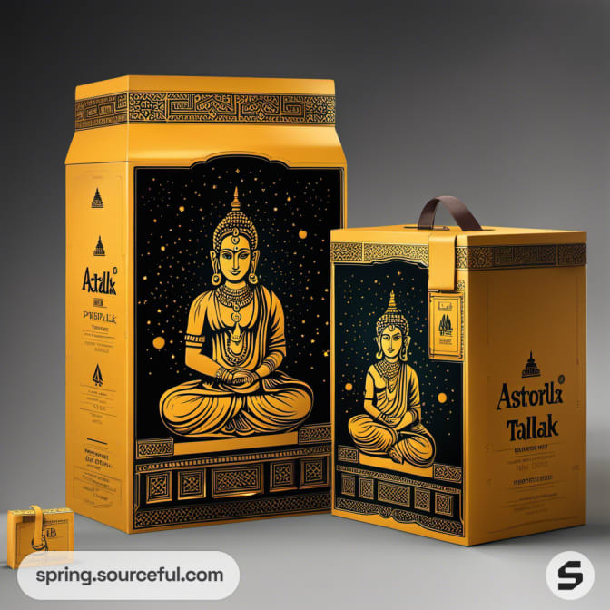 Yellow and black boxes featuring Buddha images with decorative borders.