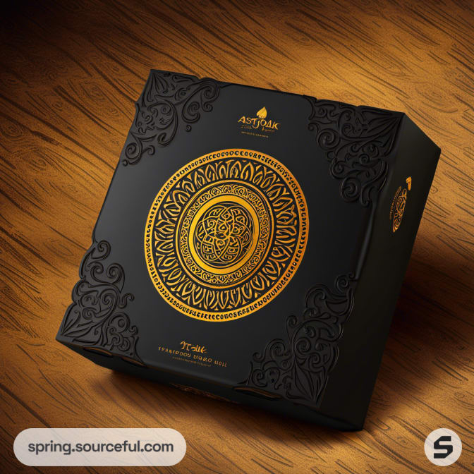 Black and gold box with ornate circular design and intricate patterns on wood.